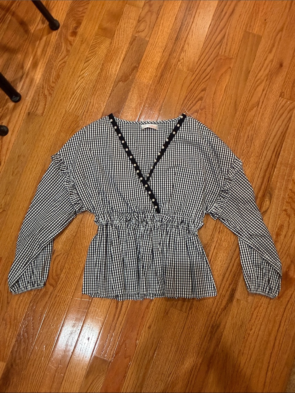 Gingham V‑Neck Peplum Blouse with Polka Dot Trim - Black & White